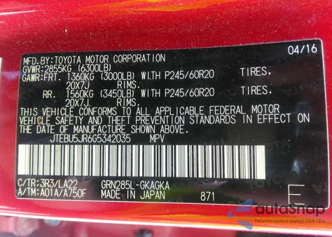 2016 Toyota 4Runner Limited from USA, damaged, VIN JTEBU5JR6G5342035